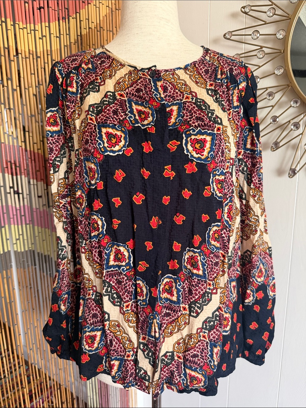 ba&sh Navy Floral-Print Boho Long-Sleeve Blouse